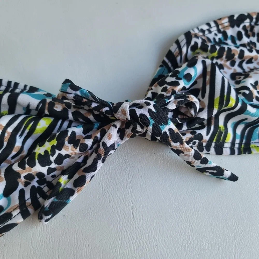 On Shore Women's Sz L Animal Print Twist Bandeau Bikini Swim Set Black Leopard